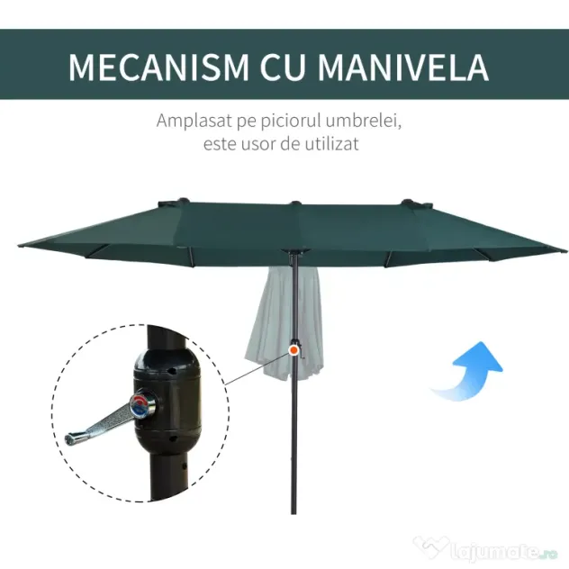 Outsunny Umbrelă Dublă de Grădină, Protecție UV, Manivelă pentru Deschidere, 460x270x240 cm, Verde | Aosom Romania