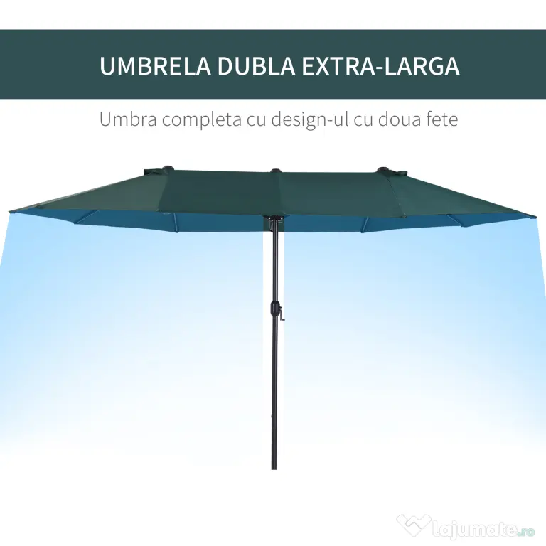 Outsunny Umbrelă Dublă de Grădină, Protecție UV, Manivelă pentru Deschidere, 460x270x240 cm, Verde | Aosom Romania