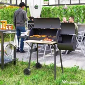 Outsunny Gratar de gradina cu capac si afumator, gratar pe carbune cu rafturi si roti 124x53x104cm, negru | AOSOM RO