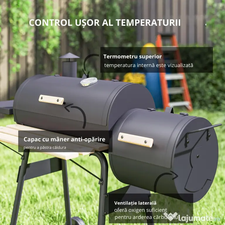 Outsunny Gratar de gradina cu capac si afumator, gratar pe carbune cu rafturi si roti 124x53x104cm, negru | AOSOM RO