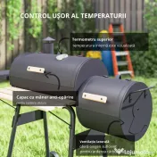 Outsunny Gratar de gradina cu capac si afumator, gratar pe carbune cu rafturi si roti 124x53x104cm, negru | AOSOM RO