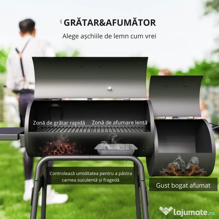 Outsunny Gratar de gradina cu capac si afumator, gratar pe carbune cu rafturi si roti 124x53x104cm, negru | AOSOM RO