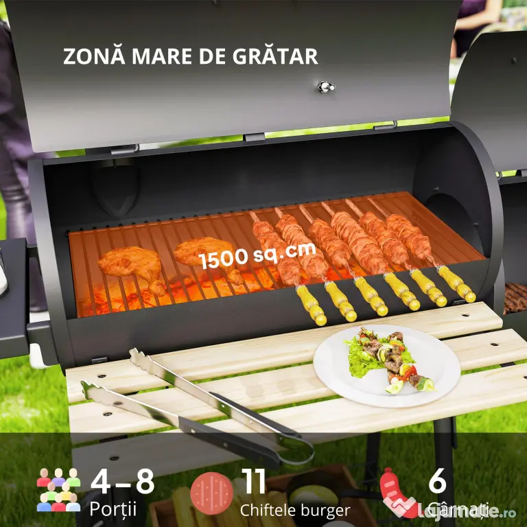Outsunny Gratar de gradina cu capac si afumator, gratar pe carbune cu rafturi si roti 124x53x104cm, negru | AOSOM RO