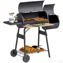 Outsunny Gratar de gradina cu capac si afumator, gratar pe carbune cu rafturi si roti 124x53x104cm, negru