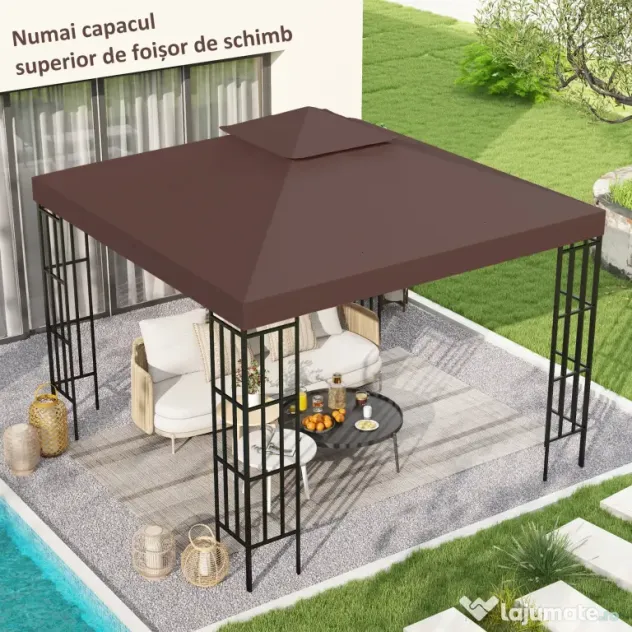 Outsunny Acoperis de Schimb pentru Foisor 3x3m, Prelata pentru Foisor cu 2 Niveluri Rezistent la Razele UV, Cafeniu (NUMAI PRELATA)