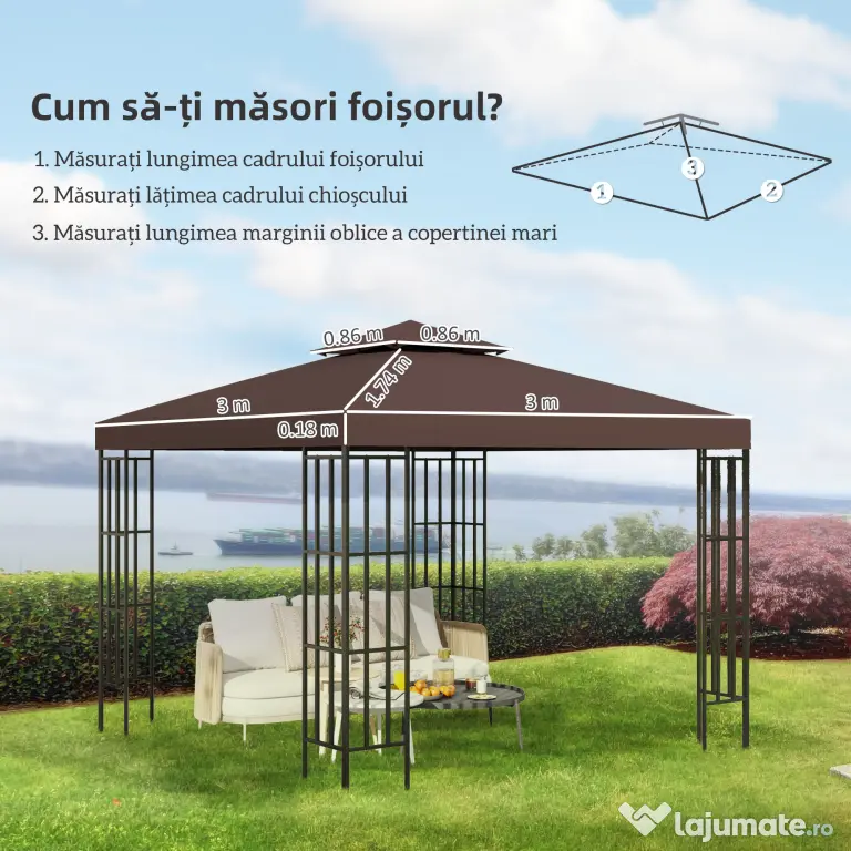 Outsunny Acoperis de Schimb pentru Foisor 3x3m, Prelata pentru Foisor cu 2 Niveluri Rezistent la Razele UV, Cafeniu (NUMAI PRELATA)