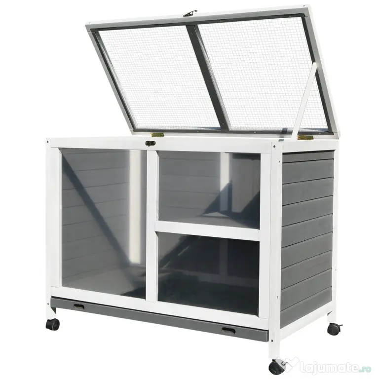 PawHut Cusca Iepuri Lemn 2 Niveluri Spațiu Confortabil 91.5x53.3x73cm Gri | Aosom Romania