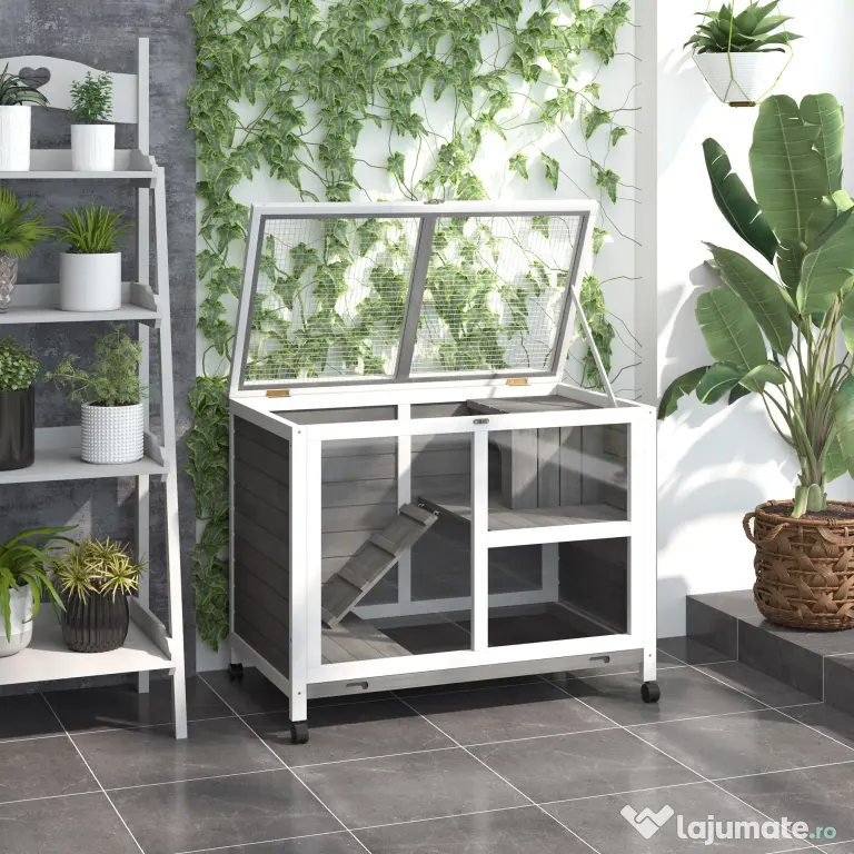 PawHut Cusca Iepuri Lemn 2 Niveluri Spațiu Confortabil 91.5x53.3x73cm Gri | Aosom Romania