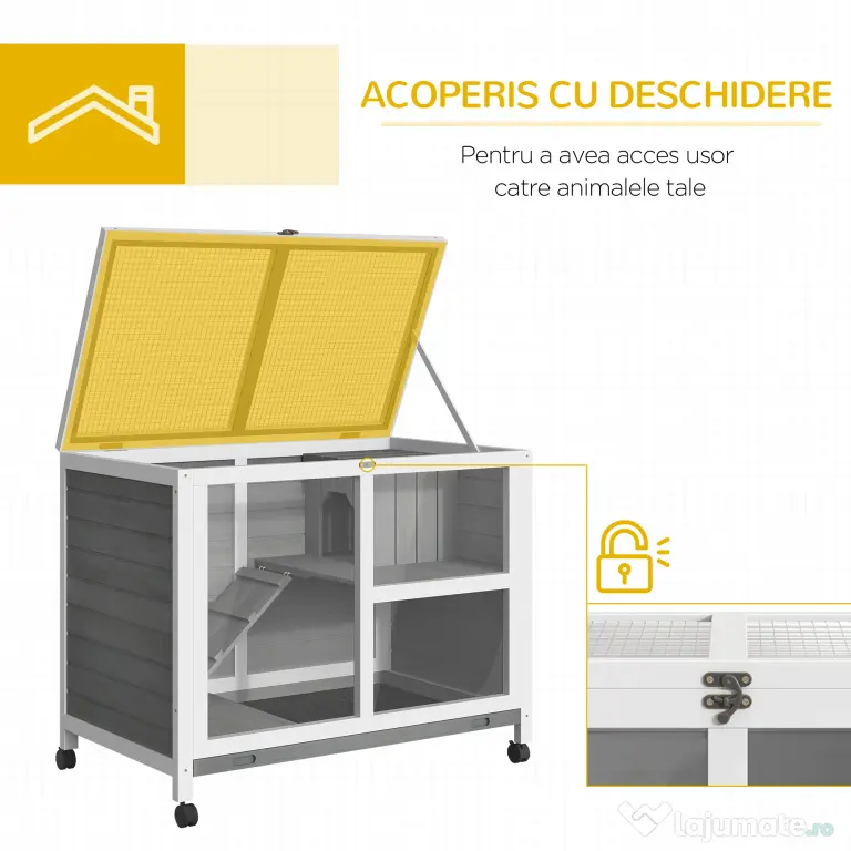 PawHut Cusca Iepuri Lemn 2 Niveluri Spațiu Confortabil 91.5x53.3x73cm Gri | Aosom Romania