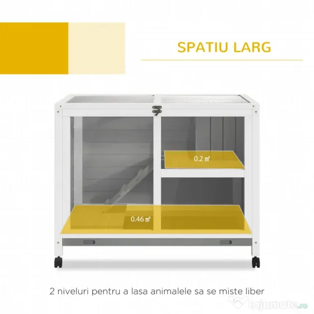 PawHut Cusca Iepuri Lemn 2 Niveluri Spațiu Confortabil 91.5x53.3x73cm Gri | Aosom Romania