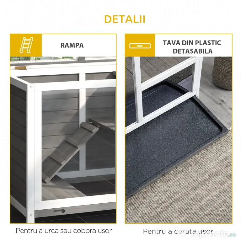 PawHut Cusca Iepuri Lemn 2 Niveluri Spațiu Confortabil 91.5x53.3x73cm Gri | Aosom Romania