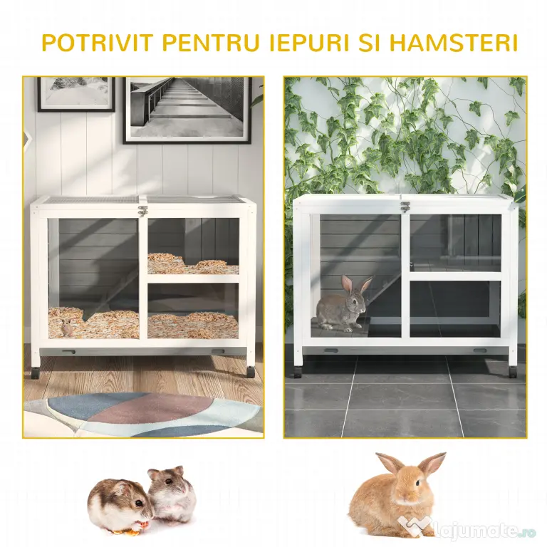 PawHut Cusca Iepuri Lemn 2 Niveluri Spațiu Confortabil 91.5x53.3x73cm Gri | Aosom Romania