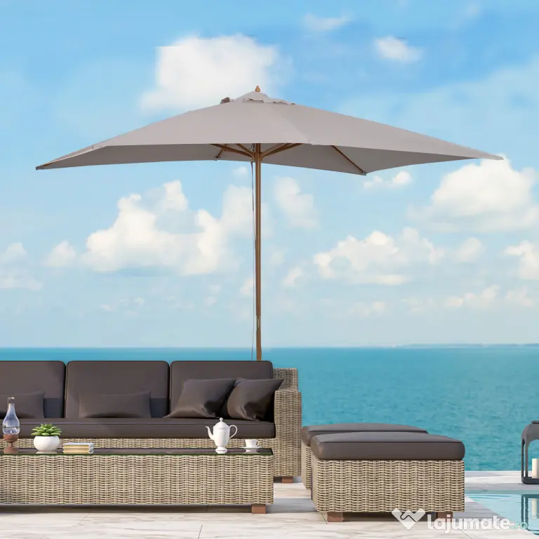 Outsunny Umbrelă de Grădină 2x3m Parasolar Impermeabil din Lemn Lacuit cu Copertină Detașabilă Gri | Aosom Romania