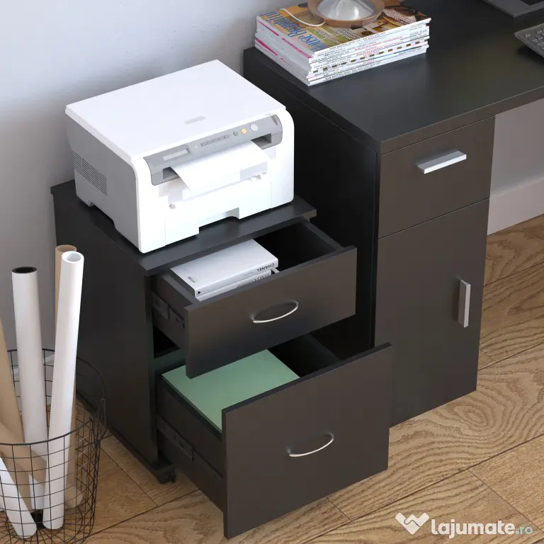 HOMCOM Comodă Mobilă pentru Birou, Design Modern pe Roți, din Lemn, 41x39x58cm, Negru | Aosom Romania