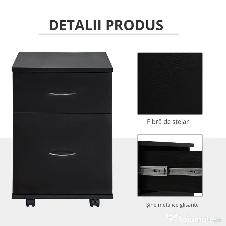 HOMCOM Comodă Mobilă pentru Birou, Design Modern pe Roți, din Lemn, 41x39x58cm, Negru | Aosom Romania