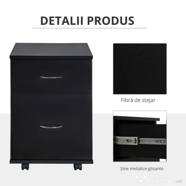 HOMCOM Comodă Mobilă pentru Birou, Design Modern pe Roți, din Lemn, 41x39x58cm, Negru | Aosom Romania