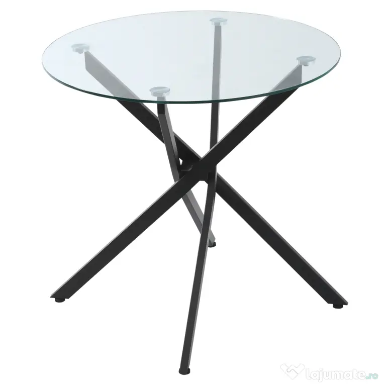 HOMCOM Masa Rotunda din Sticla si Picioare Incrucisate din Metal, Masuta Moderna pentru Sufragerie si Birou, 80x80x75cm, Negru