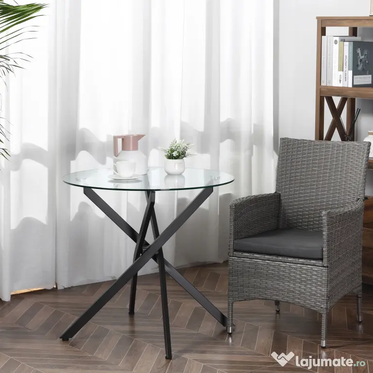 HOMCOM Masa Rotunda din Sticla si Picioare Incrucisate din Metal, Masuta Moderna pentru Sufragerie si Birou, 80x80x75cm, Negru