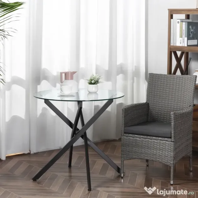 HOMCOM Masa Rotunda din Sticla si Picioare Incrucisate din Metal, Masuta Moderna pentru Sufragerie si Birou, 80x80x75cm, Negru