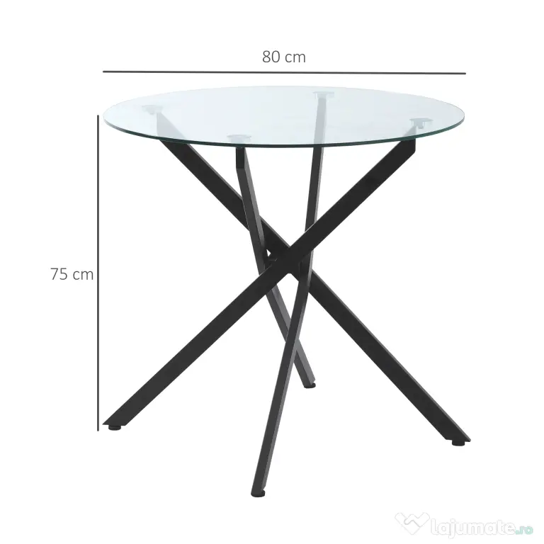 HOMCOM Masa Rotunda din Sticla si Picioare Incrucisate din Metal, Masuta Moderna pentru Sufragerie si Birou, 80x80x75cm, Negru