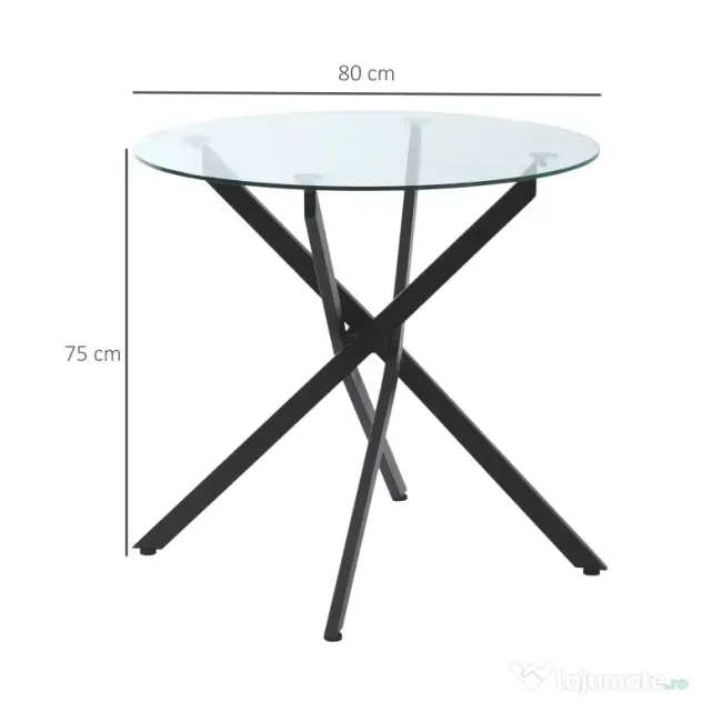 HOMCOM Masa Rotunda din Sticla si Picioare Incrucisate din Metal, Masuta Moderna pentru Sufragerie si Birou, 80x80x75cm, Negru