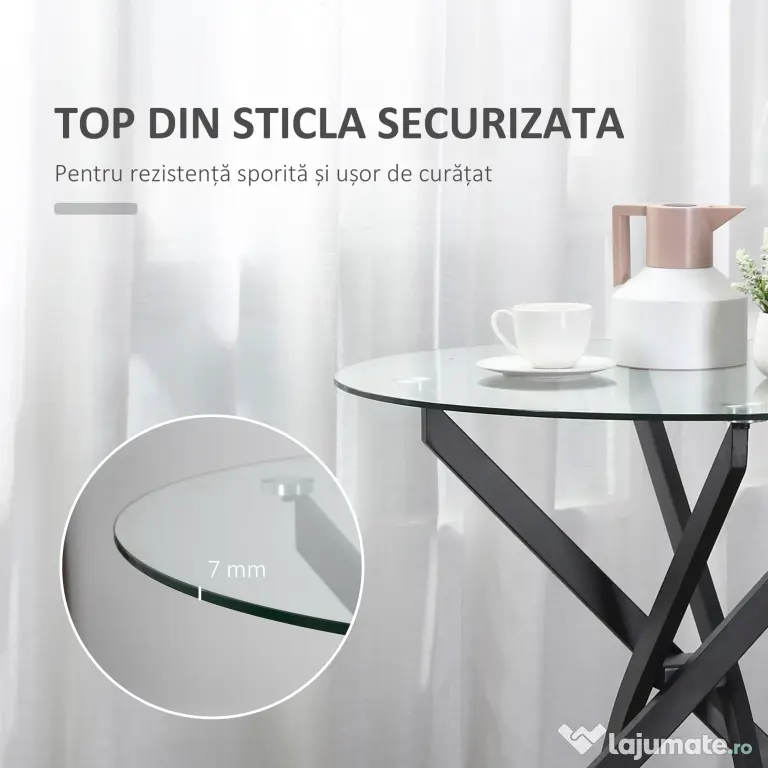 HOMCOM Masa Rotunda din Sticla si Picioare Incrucisate din Metal, Masuta Moderna pentru Sufragerie si Birou, 80x80x75cm, Negru