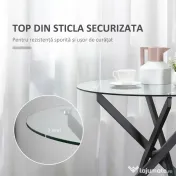 HOMCOM Masa Rotunda din Sticla si Picioare Incrucisate din Metal, Masuta Moderna pentru Sufragerie si Birou, 80x80x75cm, Negru