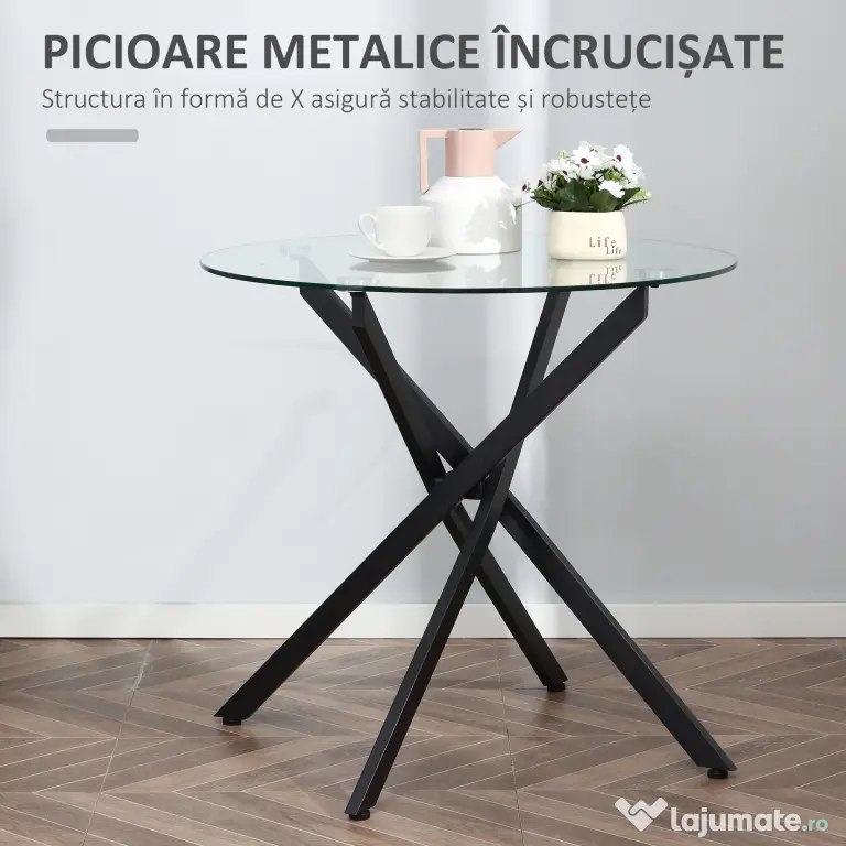HOMCOM Masa Rotunda din Sticla si Picioare Incrucisate din Metal, Masuta Moderna pentru Sufragerie si Birou, 80x80x75cm, Negru