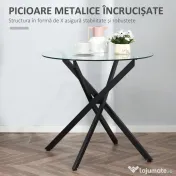 HOMCOM Masa Rotunda din Sticla si Picioare Incrucisate din Metal, Masuta Moderna pentru Sufragerie si Birou, 80x80x75cm, Negru