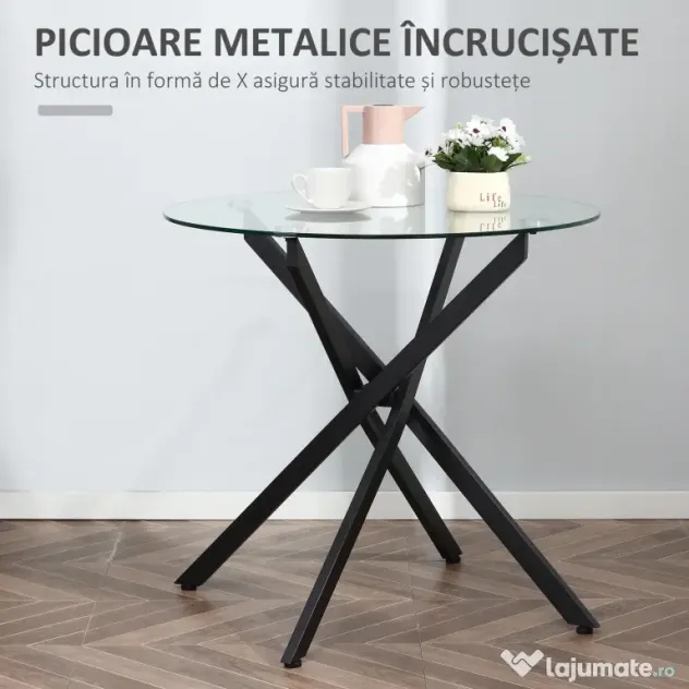 HOMCOM Masa Rotunda din Sticla si Picioare Incrucisate din Metal, Masuta Moderna pentru Sufragerie si Birou, 80x80x75cm, Negru