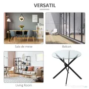 HOMCOM Masa Rotunda din Sticla si Picioare Incrucisate din Metal, Masuta Moderna pentru Sufragerie si Birou, 80x80x75cm, Negru