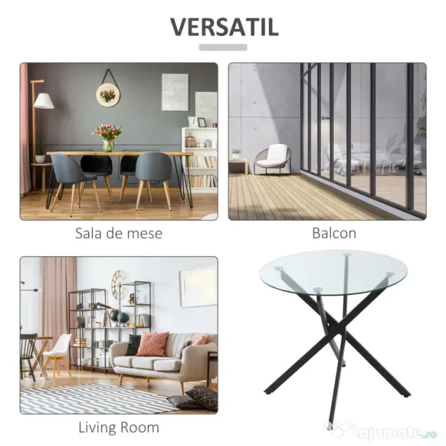 HOMCOM Masa Rotunda din Sticla si Picioare Incrucisate din Metal, Masuta Moderna pentru Sufragerie si Birou, 80x80x75cm, Negru