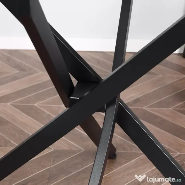HOMCOM Masa Rotunda din Sticla si Picioare Incrucisate din Metal, Masuta Moderna pentru Sufragerie si Birou, 80x80x75cm, Negru