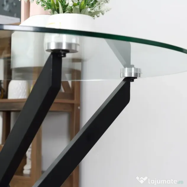 HOMCOM Masa Rotunda din Sticla si Picioare Incrucisate din Metal, Masuta Moderna pentru Sufragerie si Birou, 80x80x75cm, Negru