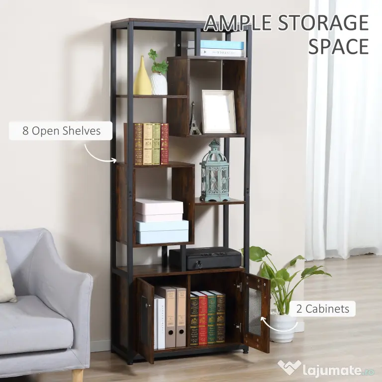 HOMCOM biblioteca stil industrial, 70x30x180cm, maro