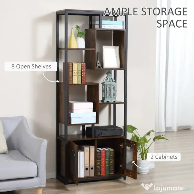 HOMCOM biblioteca stil industrial, 70x30x180cm, maro