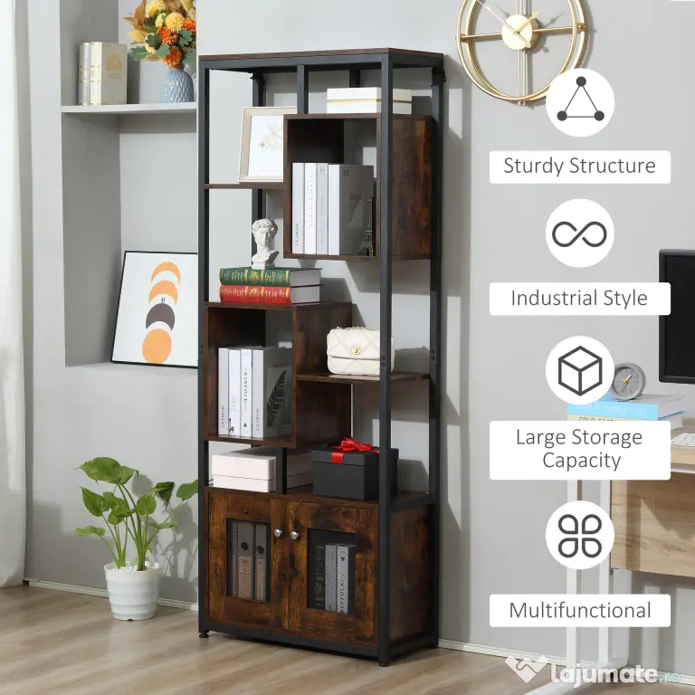 HOMCOM biblioteca stil industrial, 70x30x180cm, maro