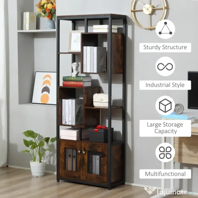 HOMCOM biblioteca stil industrial, 70x30x180cm, maro
