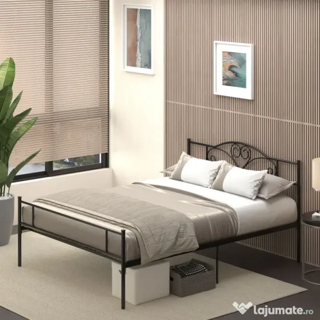 HOMCOM Structura Pat Matrimonial din Otel 160x200cm cu Sipci Integrate, Tetiera si Tablie, Spatiu de Depozitare, Negru | Aosom Romania