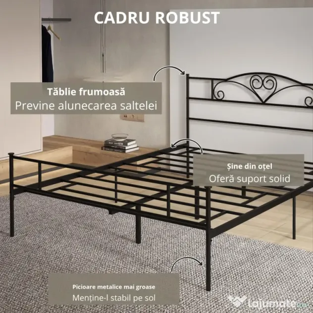 HOMCOM Structura Pat Matrimonial din Otel 160x200cm cu Sipci Integrate, Tetiera si Tablie, Spatiu de Depozitare, Negru | Aosom Romania