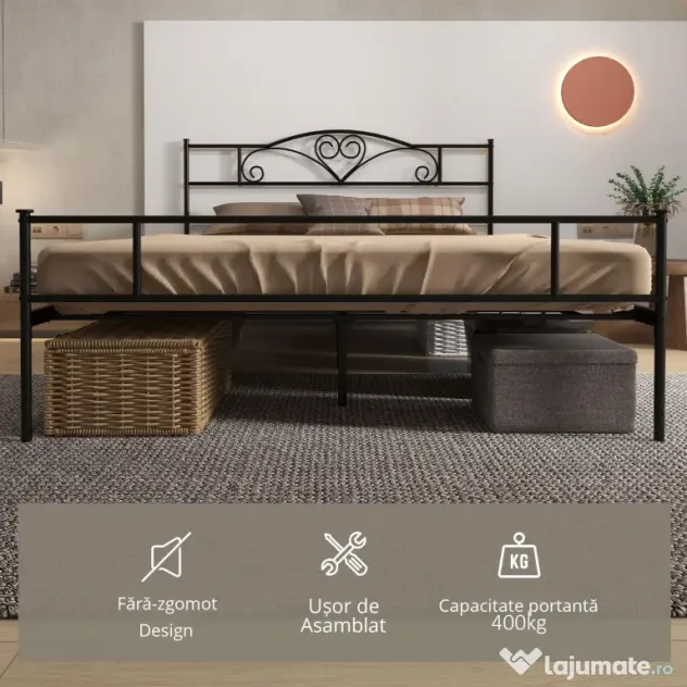 HOMCOM Structura Pat Matrimonial din Otel 160x200cm cu Sipci Integrate, Tetiera si Tablie, Spatiu de Depozitare, Negru | Aosom Romania