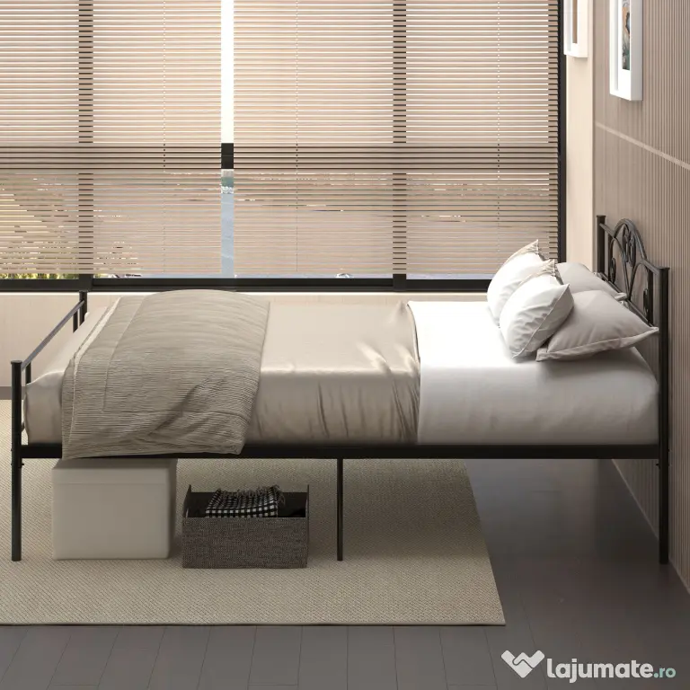 HOMCOM Structura Pat Matrimonial din Otel 160x200cm cu Sipci Integrate, Tetiera si Tablie, Spatiu de Depozitare, Negru | Aosom Romania