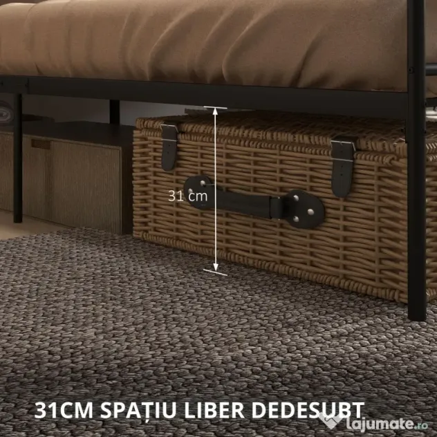 HOMCOM Structura Pat Matrimonial din Otel 160x200cm cu Sipci Integrate, Tetiera si Tablie, Spatiu de Depozitare, Negru | Aosom Romania