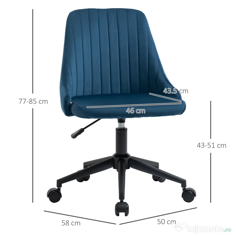 Vinsetto Scaun Birou Ergonomic, Pivotant 360°, Înălțime Ajustabilă, Catifea Albastră, 50x58x77-85cm | Aosom Romania