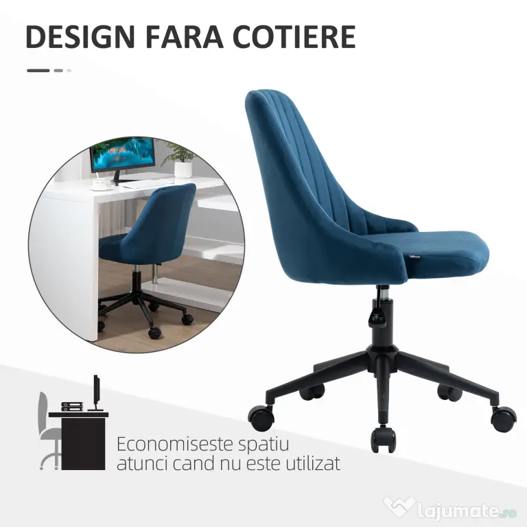 Vinsetto Scaun Birou Ergonomic, Pivotant 360°, Înălțime Ajustabilă, Catifea Albastră, 50x58x77-85cm | Aosom Romania