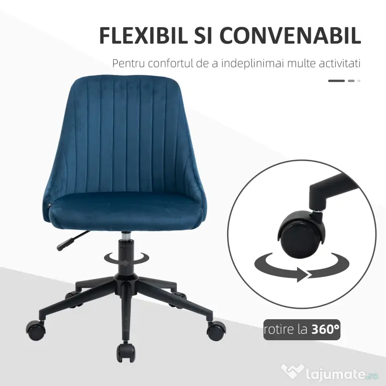 Vinsetto Scaun Birou Ergonomic, Pivotant 360°, Înălțime Ajustabilă, Catifea Albastră, 50x58x77-85cm | Aosom Romania