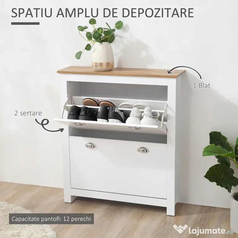 HOMCOM Dulap pentru Pantofi cu 2 Sertare pentru 12 Perechi de Încălțăminte, Dulap de Depozitare, 79x23x90,5 cm, Alb | Aosom Romania