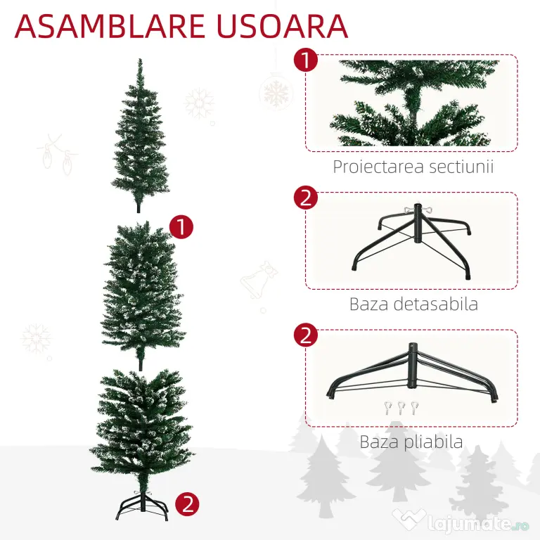 Brad de Craciun cu zapada artificiala190cm, Brad verde cu baza detasabila, decoratiune de Craciun, verde HOMCOM | Aosom Romania
