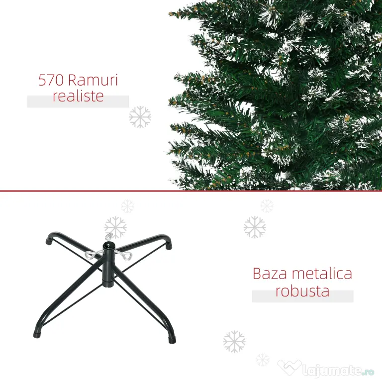 Brad de Craciun cu zapada artificiala190cm, Brad verde cu baza detasabila, decoratiune de Craciun, verde HOMCOM | Aosom Romania