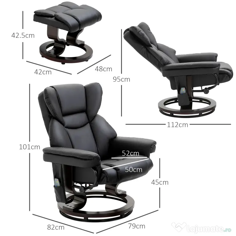 HOMCOM Scaun cu Puf Suport pentru Picioare și Funcție de Masaj, Reclinabil la 145° și Rotativ la 360°, Negru | Aosom Romania